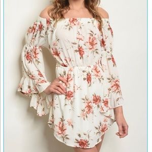 Love J Ivory Floral Off Shoulder Mini Dress | Bell Sleeve Elastic Waist Boho